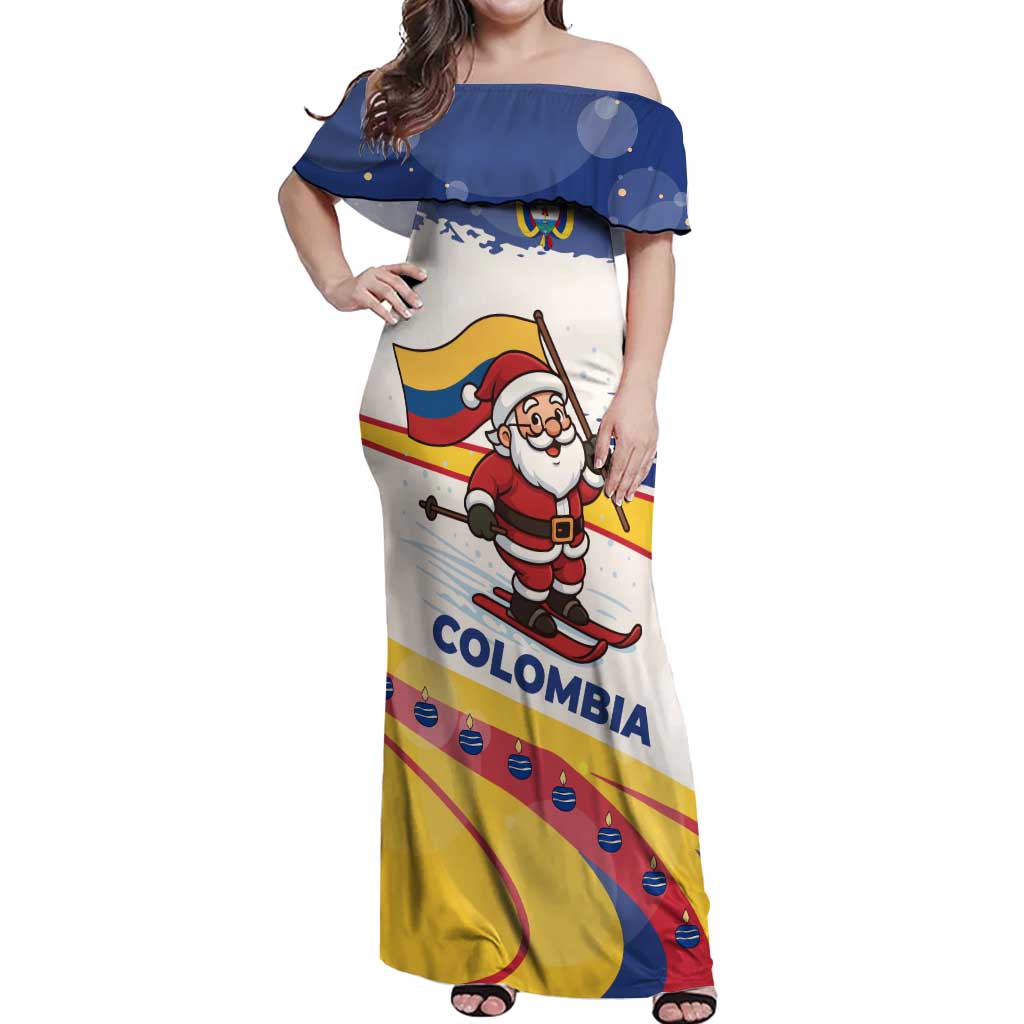 Colombia Christmas Off Shoulder Maxi Dress with Santa Skiing Colombian Flag and Holiday Ornament - Wonder Print Shop