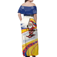 Colombia Christmas Off Shoulder Maxi Dress with Santa Skiing Colombian Flag and Holiday Ornament - Wonder Print Shop