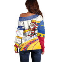 Colombia Christmas Off Shoulder Sweater with Santa Skiing Colombian Flag and Holiday Ornament - Wonder Print Shop