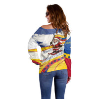 Colombia Christmas Off Shoulder Sweater with Santa Skiing Colombian Flag and Holiday Ornament - Wonder Print Shop