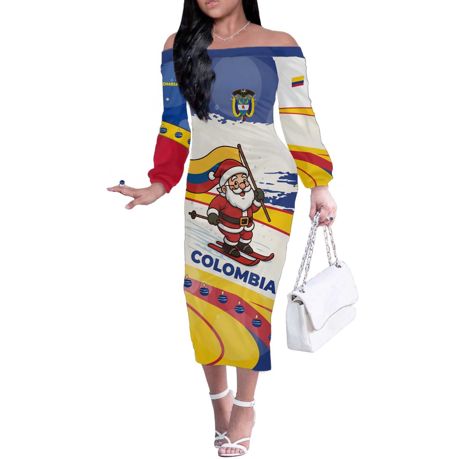 Colombia Christmas Off The Shoulder Long Sleeve Dress with Santa Skiing Colombian Flag and Holiday Ornament - Wonder Print Shop
