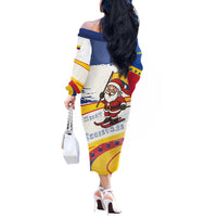 Colombia Christmas Off The Shoulder Long Sleeve Dress with Santa Skiing Colombian Flag and Holiday Ornament - Wonder Print Shop
