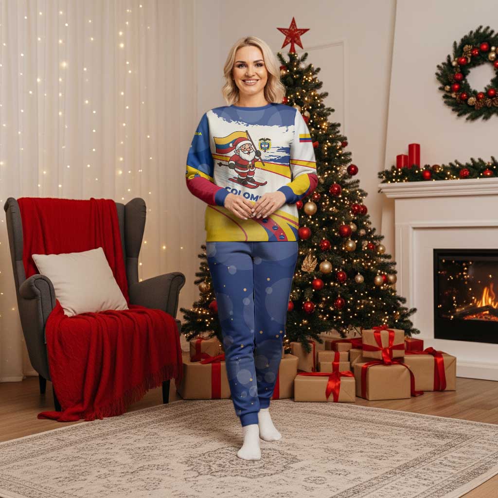 Colombia Christmas Pajama Set with Santa Skiing Colombian Flag and Holiday Ornament - Wonder Print Shop