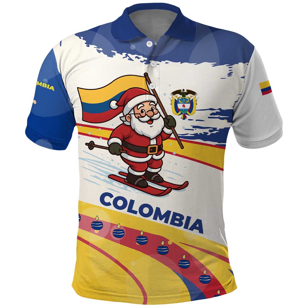 Colombia Christmas Polo Shirt with Santa Skiing Colombian Flag and Holiday Ornament - Wonder Print Shop