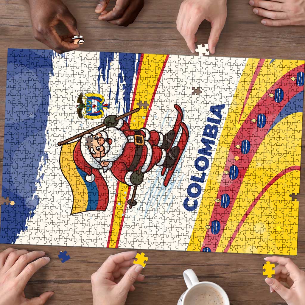 Colombia Christmas Puzzle with Santa Skiing Colombian Flag and Holiday Ornament - Wonder Print Shop
