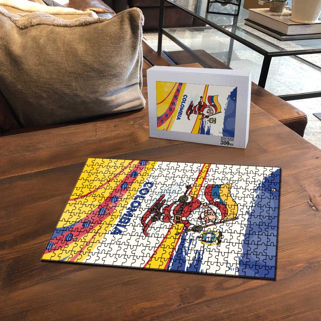 Colombia Christmas Puzzle with Santa Skiing Colombian Flag and Holiday Ornament - Wonder Print Shop