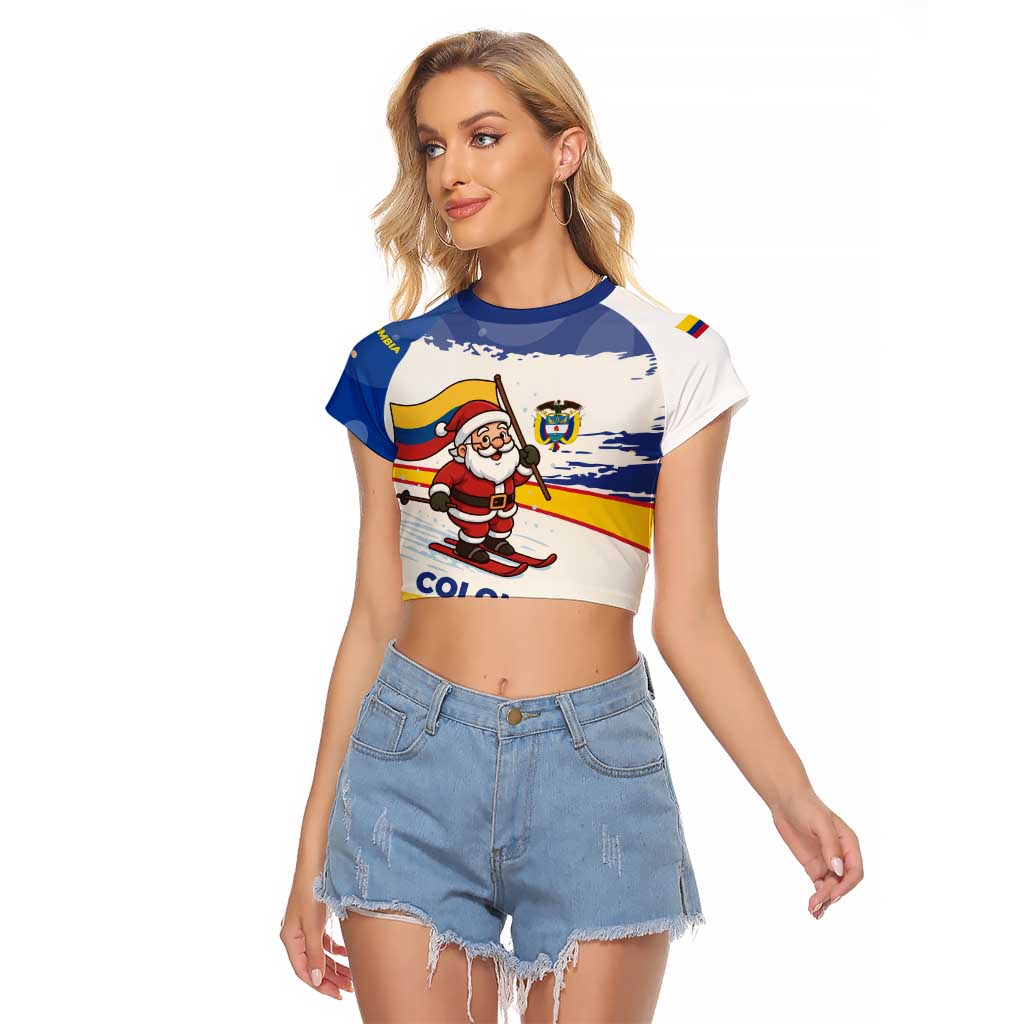 Colombia Christmas Raglan Cropped T Shirt with Santa Skiing Colombian Flag and Holiday Ornament - Wonder Print Shop