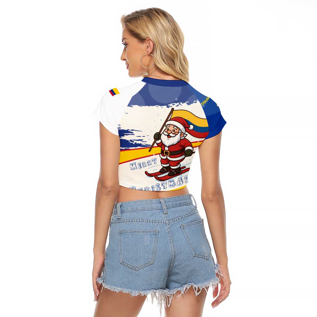 Colombia Christmas Raglan Cropped T Shirt with Santa Skiing Colombian Flag and Holiday Ornament - Wonder Print Shop