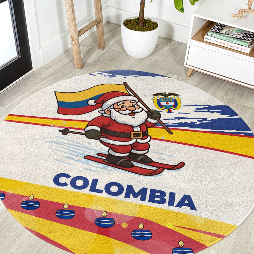 Colombia Christmas Round Carpet with Santa Skiing Colombian Flag and Holiday Ornament - Wonder Print Shop
