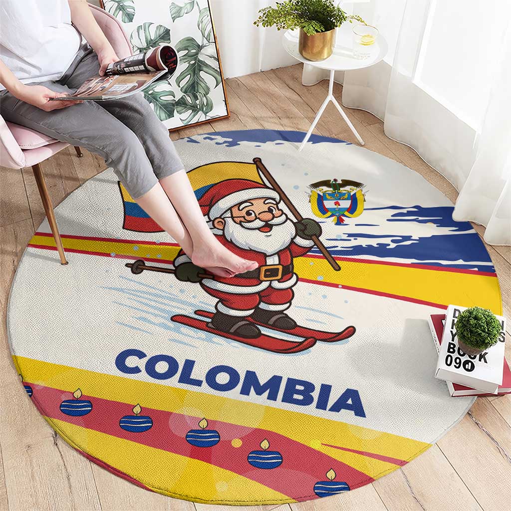 Colombia Christmas Round Carpet with Santa Skiing Colombian Flag and Holiday Ornament - Wonder Print Shop