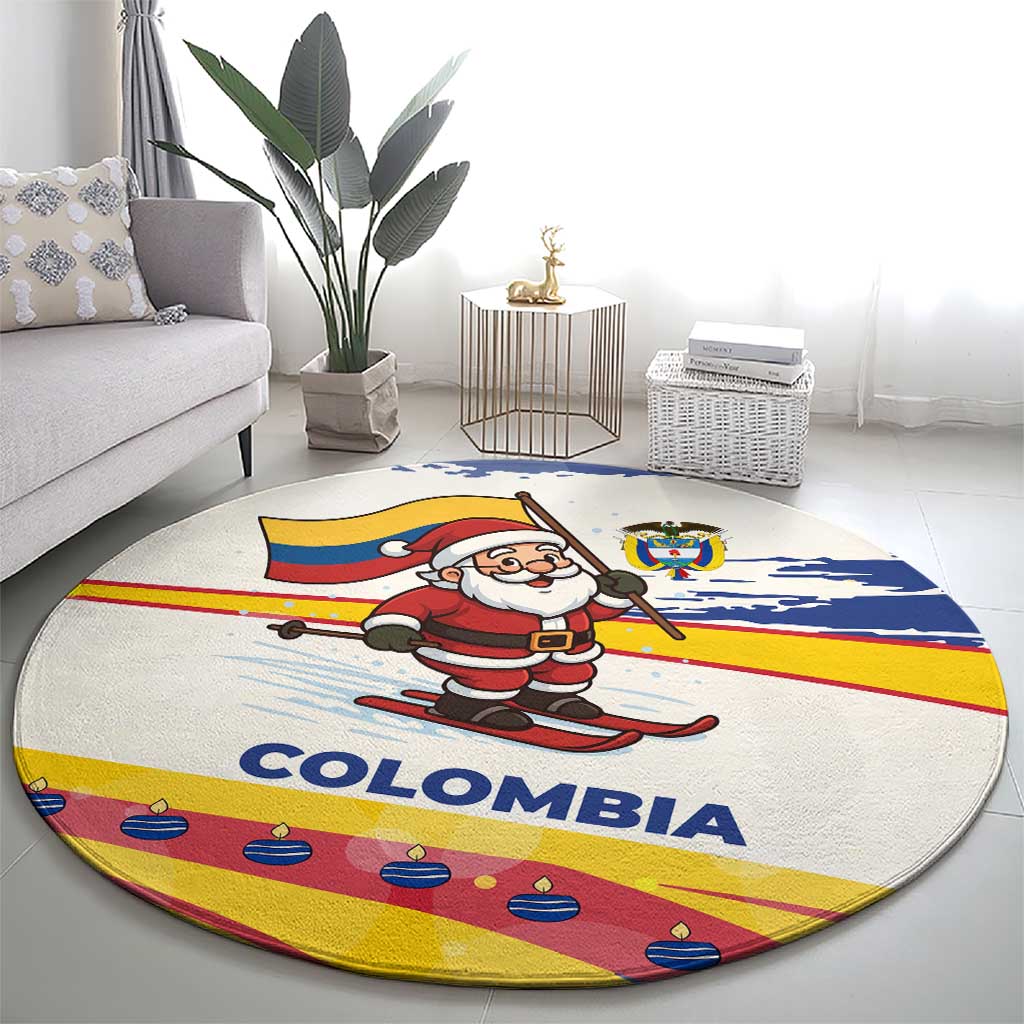 Colombia Christmas Round Carpet with Santa Skiing Colombian Flag and Holiday Ornament - Wonder Print Shop