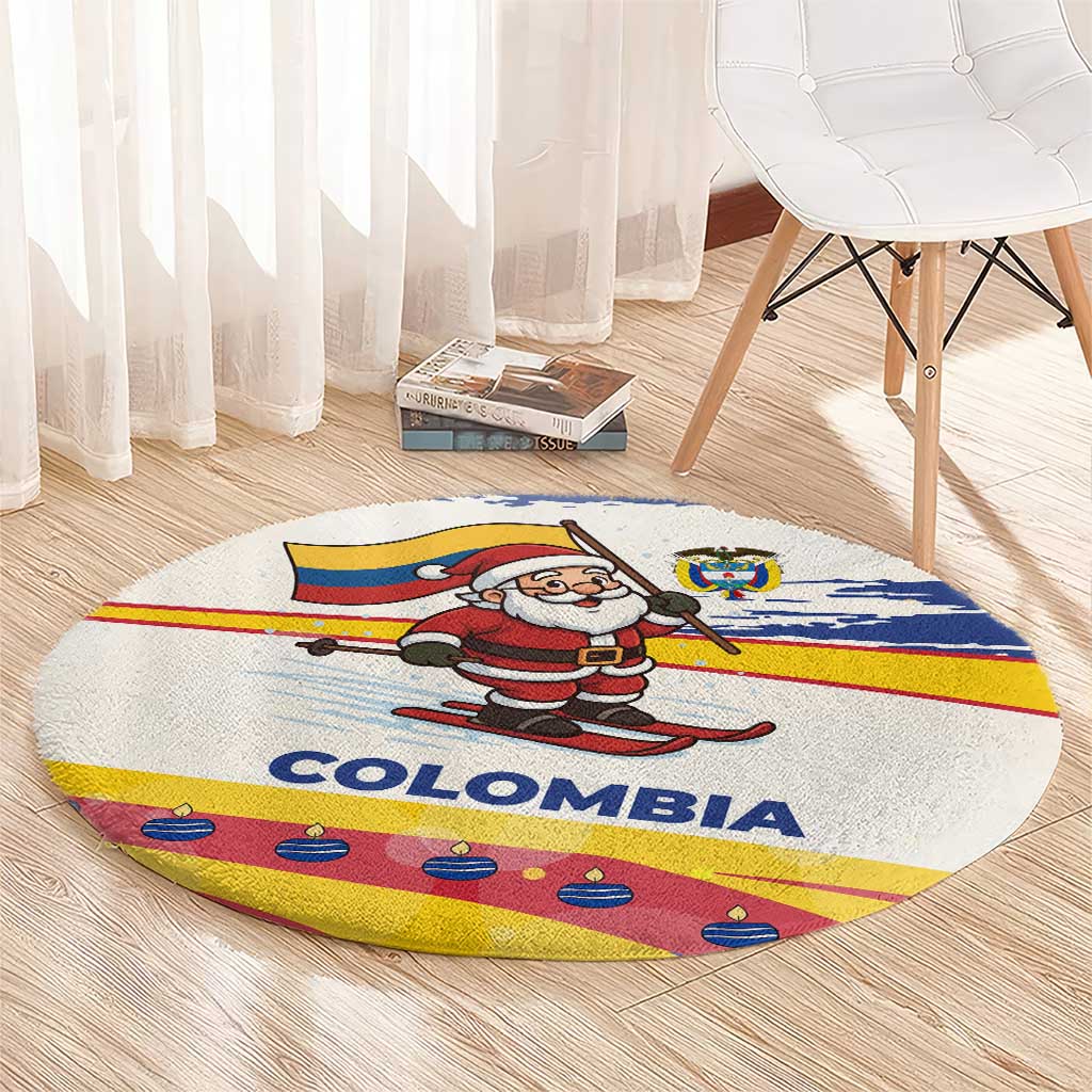 Colombia Christmas Round Carpet with Santa Skiing Colombian Flag and Holiday Ornament - Wonder Print Shop