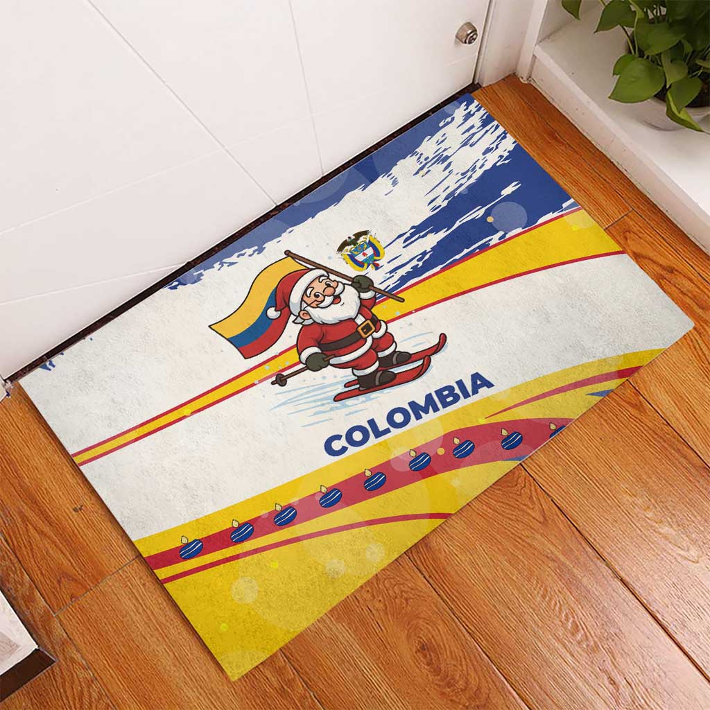 Colombia Christmas Rubber Doormat with Santa Skiing Colombian Flag and Holiday Ornament - Wonder Print Shop
