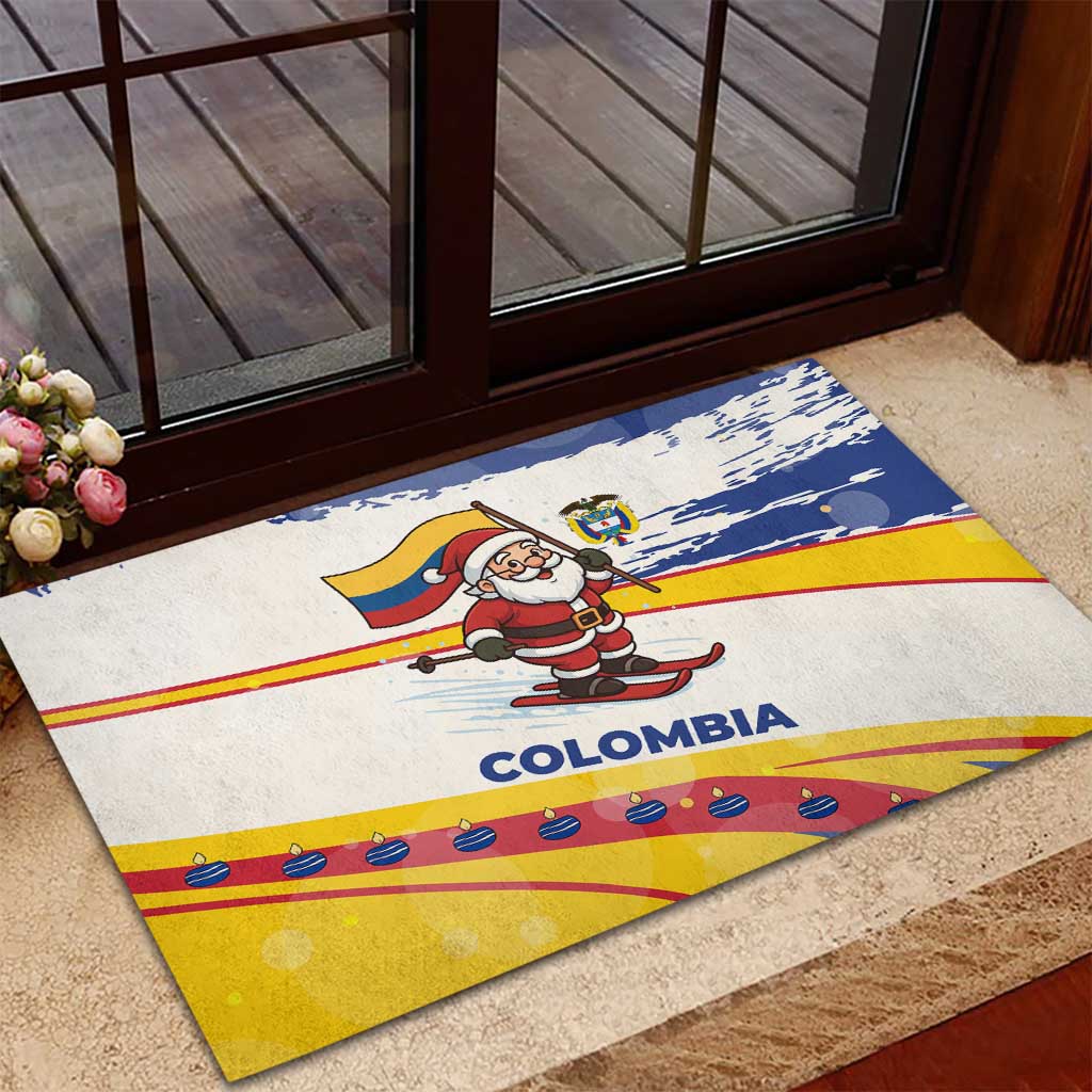 Colombia Christmas Rubber Doormat with Santa Skiing Colombian Flag and Holiday Ornament - Wonder Print Shop
