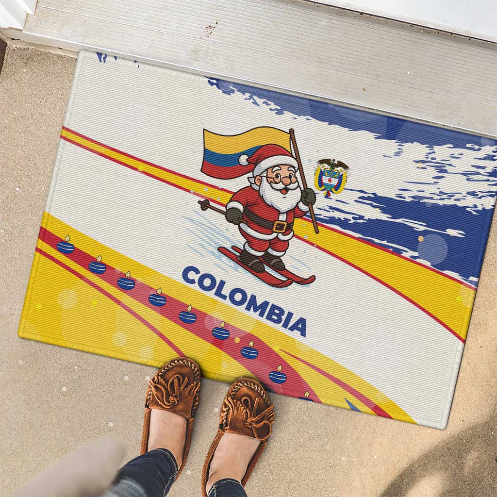 Colombia Christmas Rubber Doormat with Santa Skiing Colombian Flag and Holiday Ornament - Wonder Print Shop