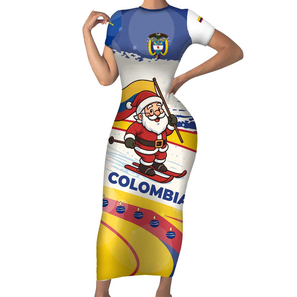 Colombia Christmas Short Sleeve Bodycon Dress with Santa Skiing Colombian Flag and Holiday Ornament - Wonder Print Shop