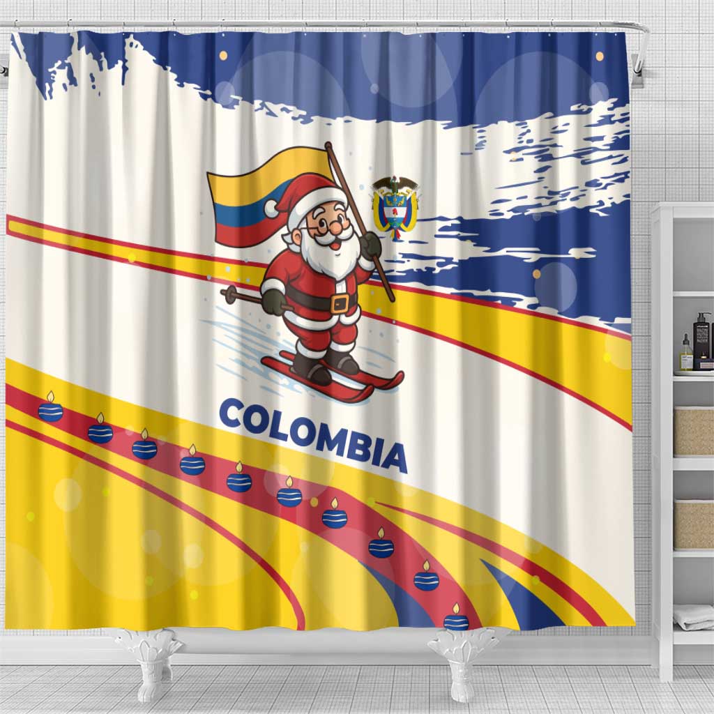 Colombia Christmas Shower Curtain with Santa Skiing Colombian Flag and Holiday Ornament - Wonder Print Shop