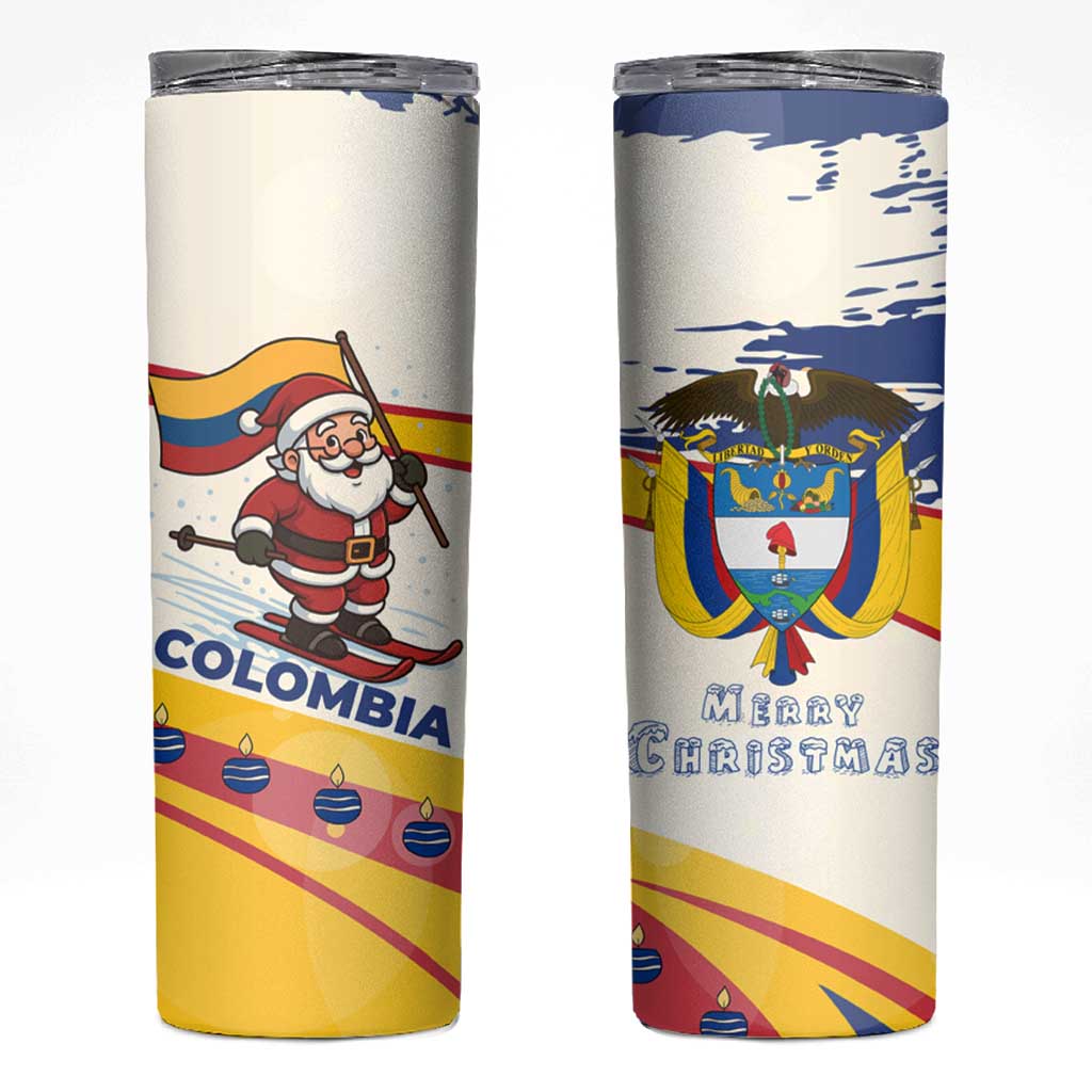 Colombia Christmas Skinny Tumbler with Santa Skiing Colombian Flag and Holiday Ornament - Wonder Print Shop