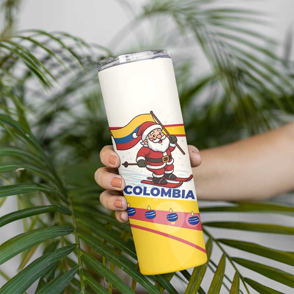 Colombia Christmas Skinny Tumbler with Santa Skiing Colombian Flag and Holiday Ornament - Wonder Print Shop