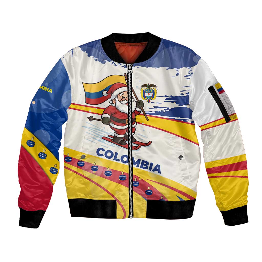 Colombia Christmas Sleeve Zip Bomber Jacket with Santa Skiing Colombian Flag and Holiday Ornament - Wonder Print Shop