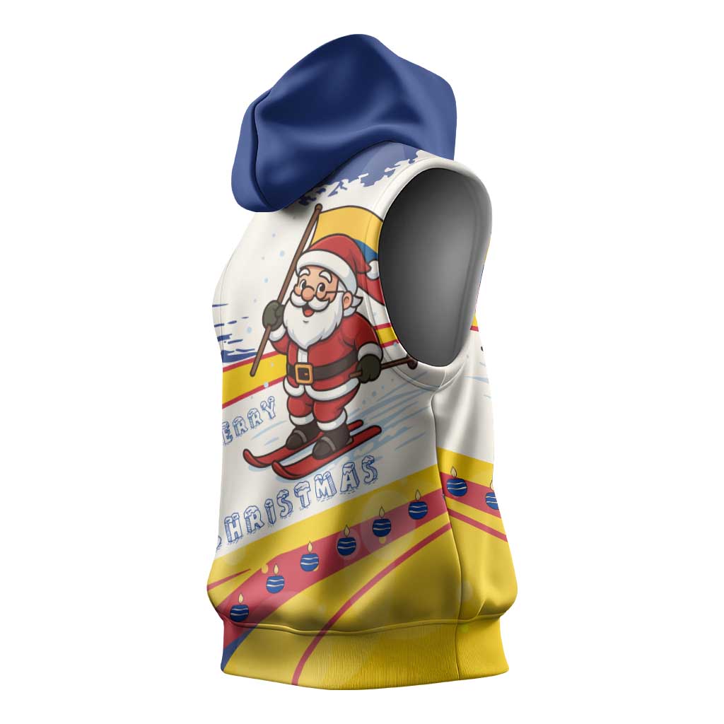 Colombia Christmas Sleeveless Hoodie with Santa Skiing Colombian Flag and Holiday Ornament - Wonder Print Shop