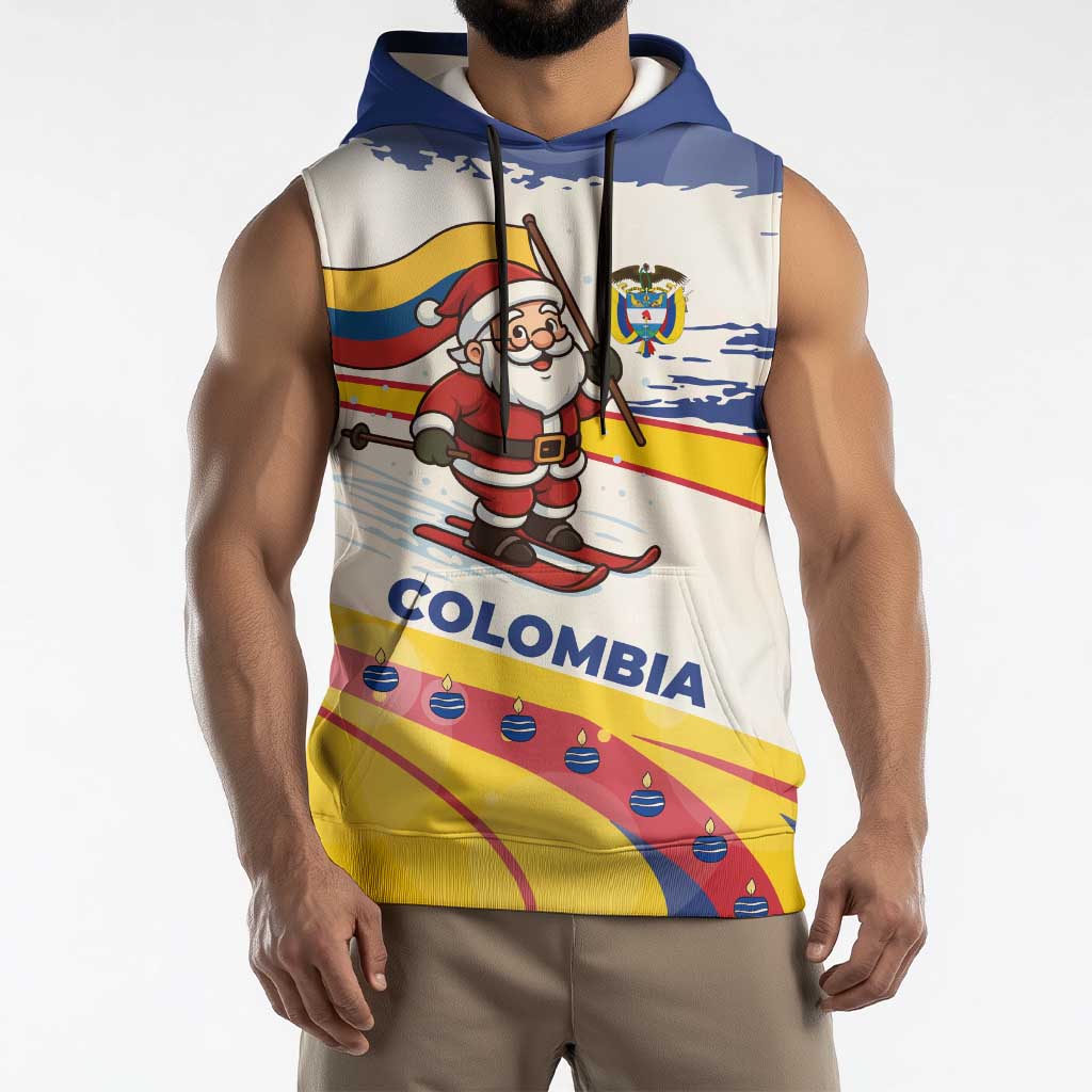 Colombia Christmas Sleeveless Hoodie with Santa Skiing Colombian Flag and Holiday Ornament - Wonder Print Shop