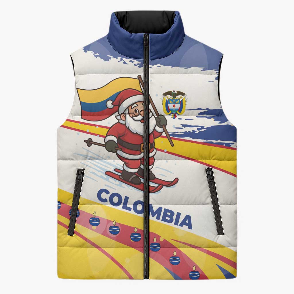 Colombia Christmas Sleeveless Puffer Jacket with Santa Skiing Colombian Flag and Holiday Ornament - Wonder Print Shop