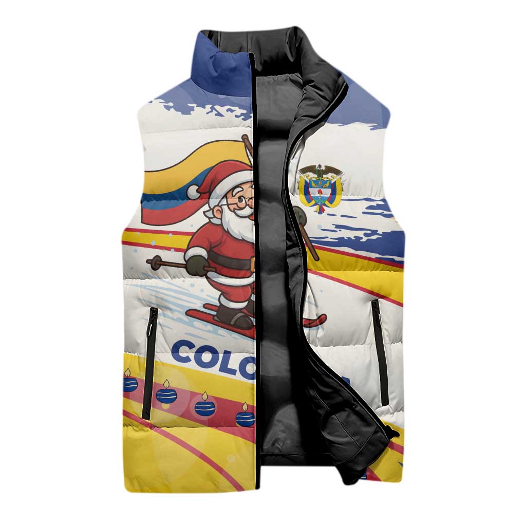 Colombia Christmas Sleeveless Puffer Jacket with Santa Skiing Colombian Flag and Holiday Ornament - Wonder Print Shop