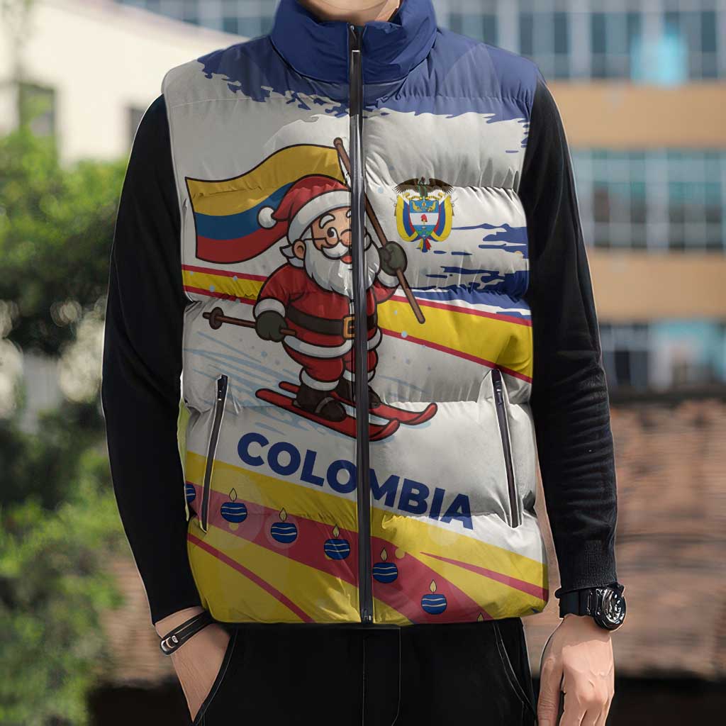 Colombia Christmas Sleeveless Puffer Jacket with Santa Skiing Colombian Flag and Holiday Ornament - Wonder Print Shop