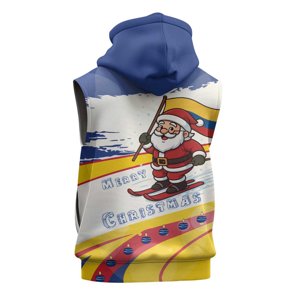 Colombia Christmas Sleeveless Zip Hoodie with Santa Skiing Colombian Flag and Holiday Ornament - Wonder Print Shop