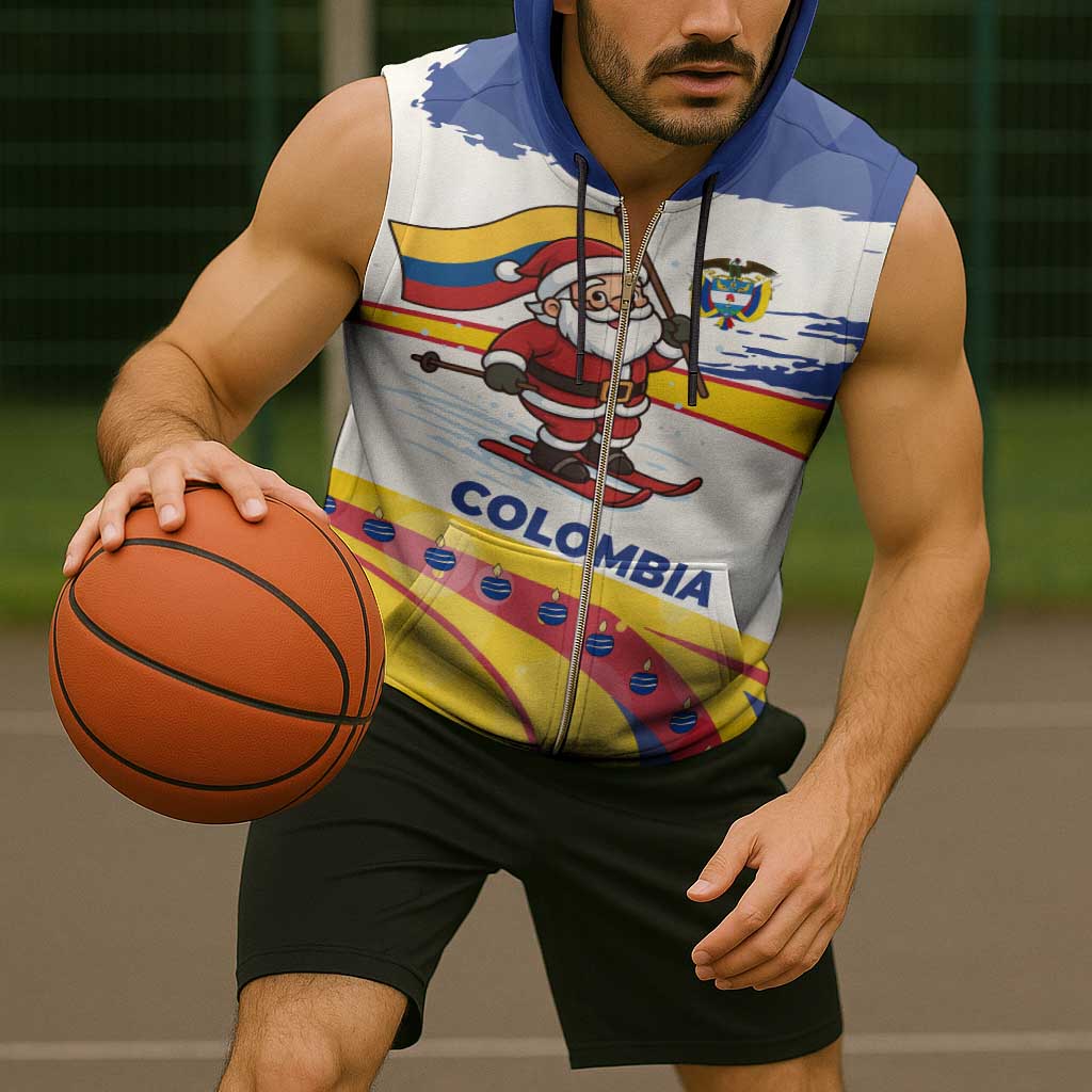 Colombia Christmas Sleeveless Zip Hoodie with Santa Skiing Colombian Flag and Holiday Ornament - Wonder Print Shop