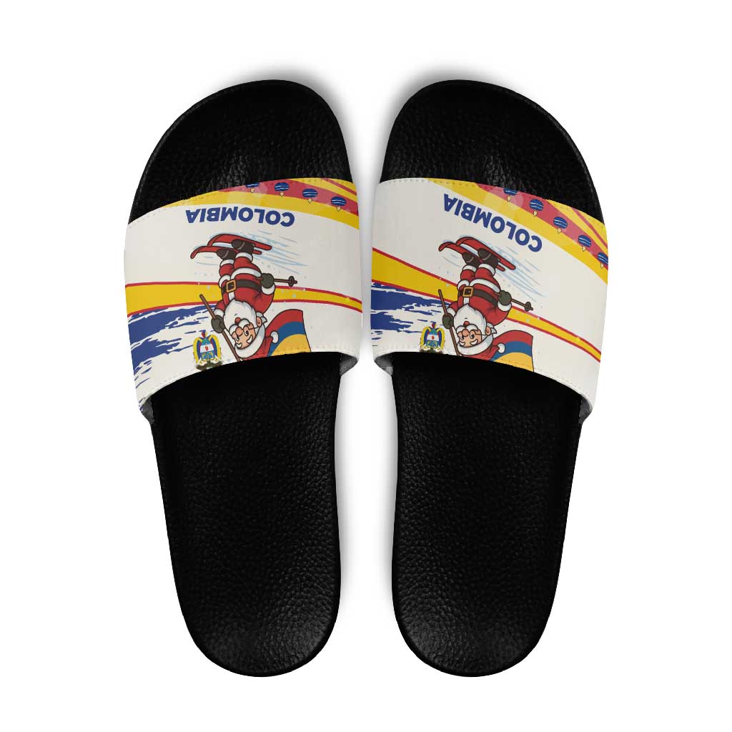 Colombia Christmas Slide Sandals with Santa Skiing Colombian Flag and Holiday Ornament - Wonder Print Shop