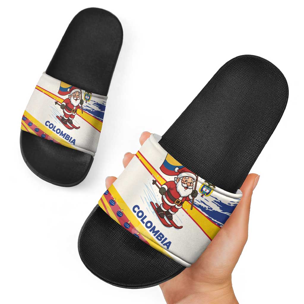 Colombia Christmas Slide Sandals with Santa Skiing Colombian Flag and Holiday Ornament - Wonder Print Shop