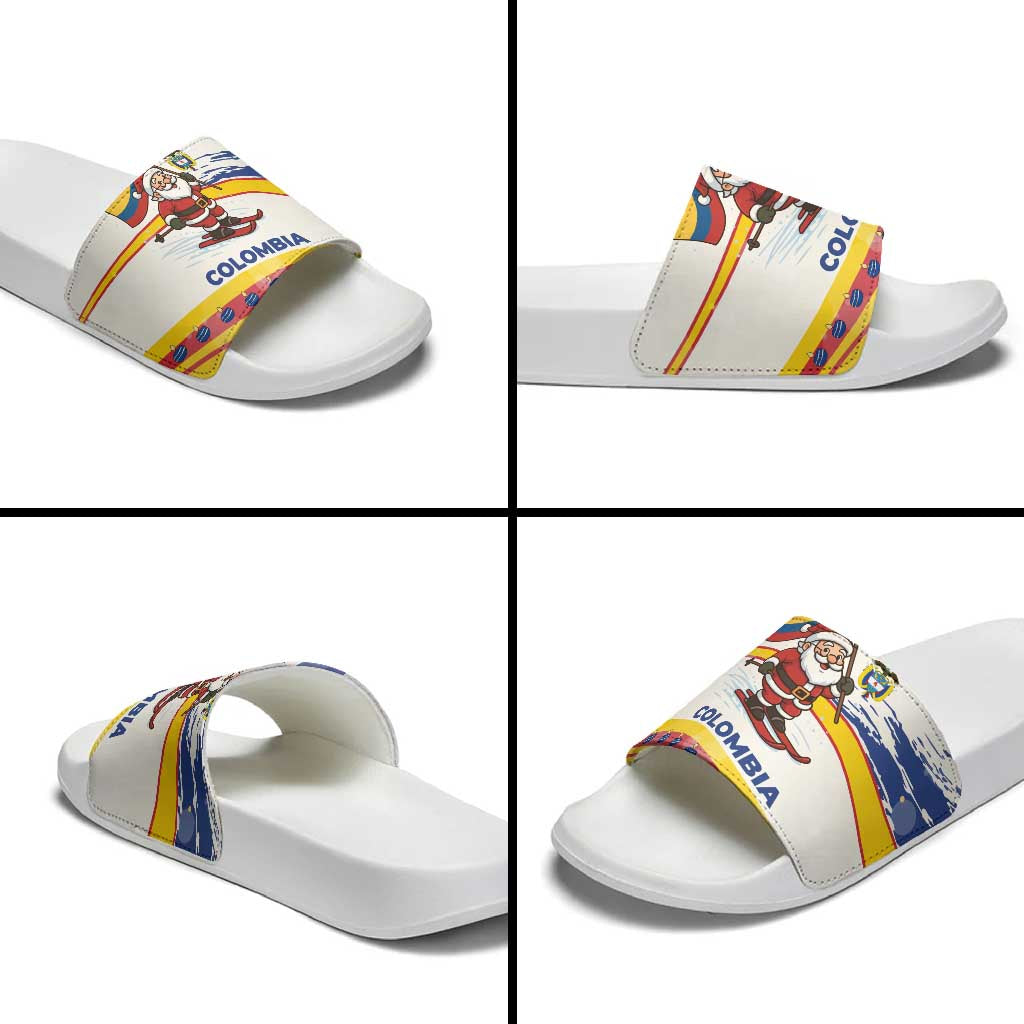 Colombia Christmas Slide Sandals with Santa Skiing Colombian Flag and Holiday Ornament - Wonder Print Shop