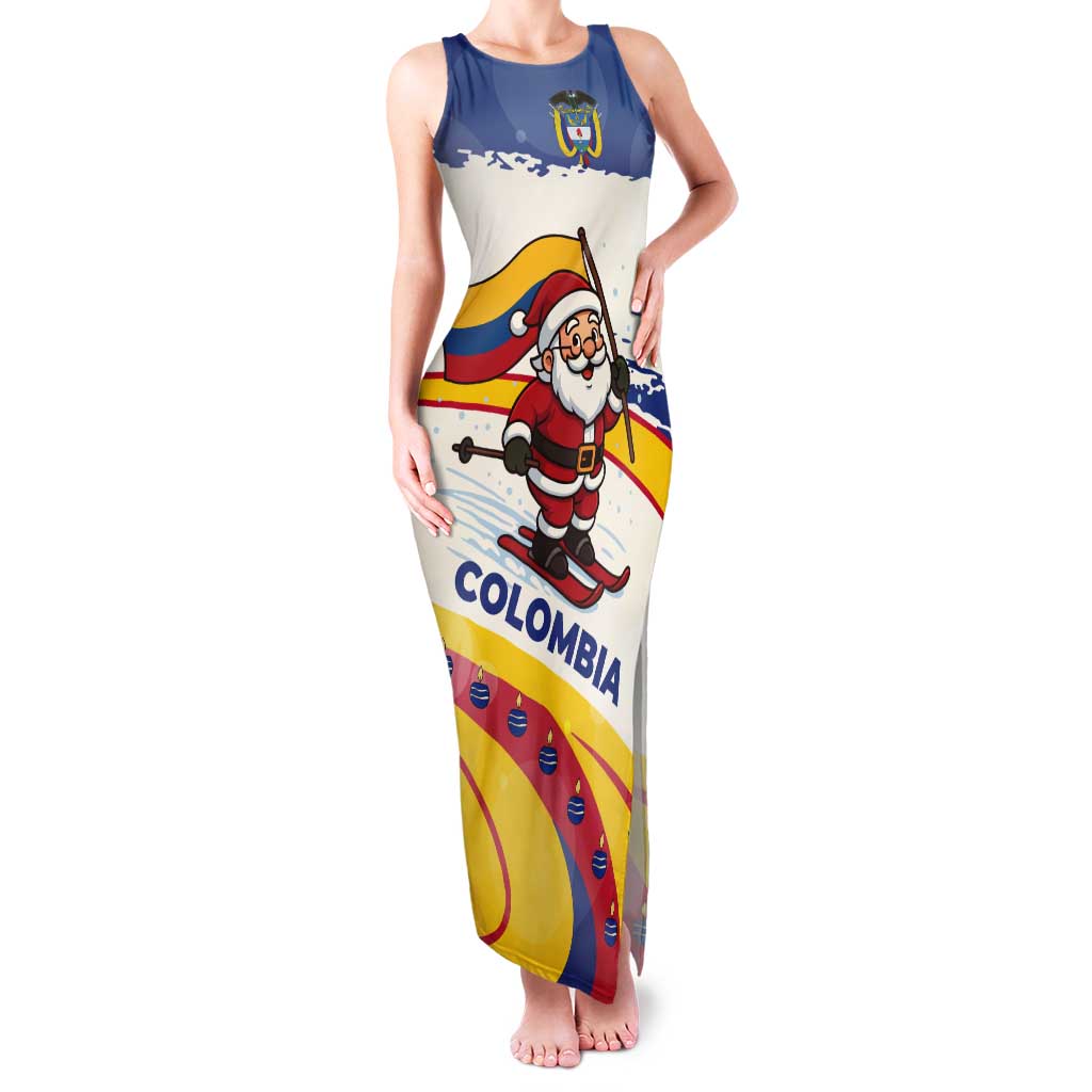 Colombia Christmas Tank Maxi Dress with Santa Skiing Colombian Flag and Holiday Ornament - Wonder Print Shop