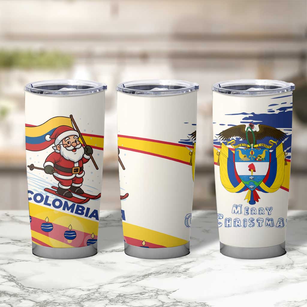 Colombia Christmas Tumbler Cup with Santa Skiing Colombian Flag and Holiday Ornament - Wonder Print Shop