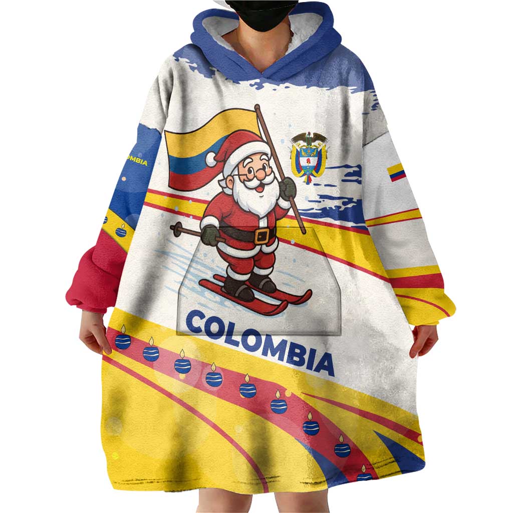 Colombia Christmas Wearable Blanket Hoodie with Santa Skiing Colombian Flag and Holiday Ornament - Wonder Print Shop