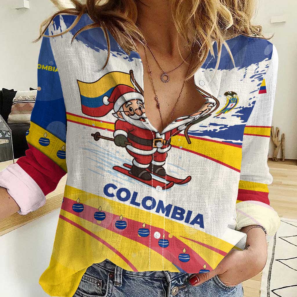 Colombia Christmas Women Casual Shirt with Santa Skiing Colombian Flag and Holiday Ornament - Wonder Print Shop