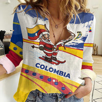 Colombia Christmas Women Casual Shirt with Santa Skiing Colombian Flag and Holiday Ornament - Wonder Print Shop