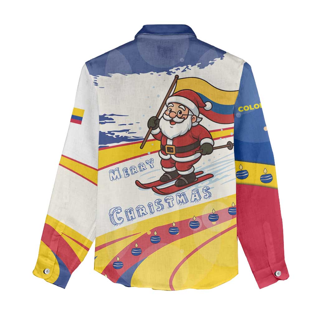 Colombia Christmas Women Casual Shirt with Santa Skiing Colombian Flag and Holiday Ornament - Wonder Print Shop