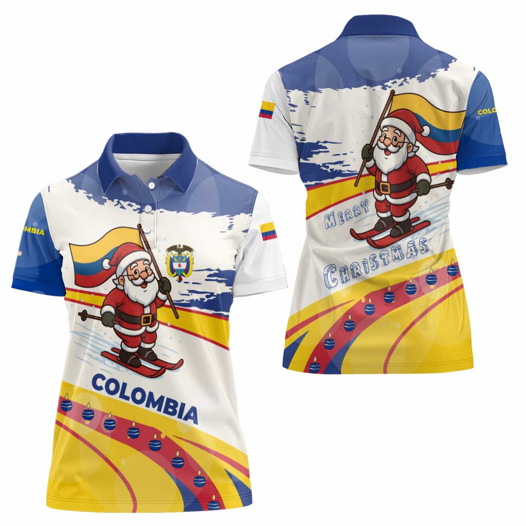 Colombia Christmas Women Polo Shirt with Santa Skiing Colombian Flag and Holiday Ornament - Wonder Print Shop