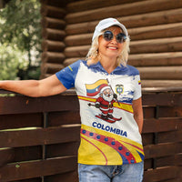 Colombia Christmas Women Polo Shirt with Santa Skiing Colombian Flag and Holiday Ornament - Wonder Print Shop