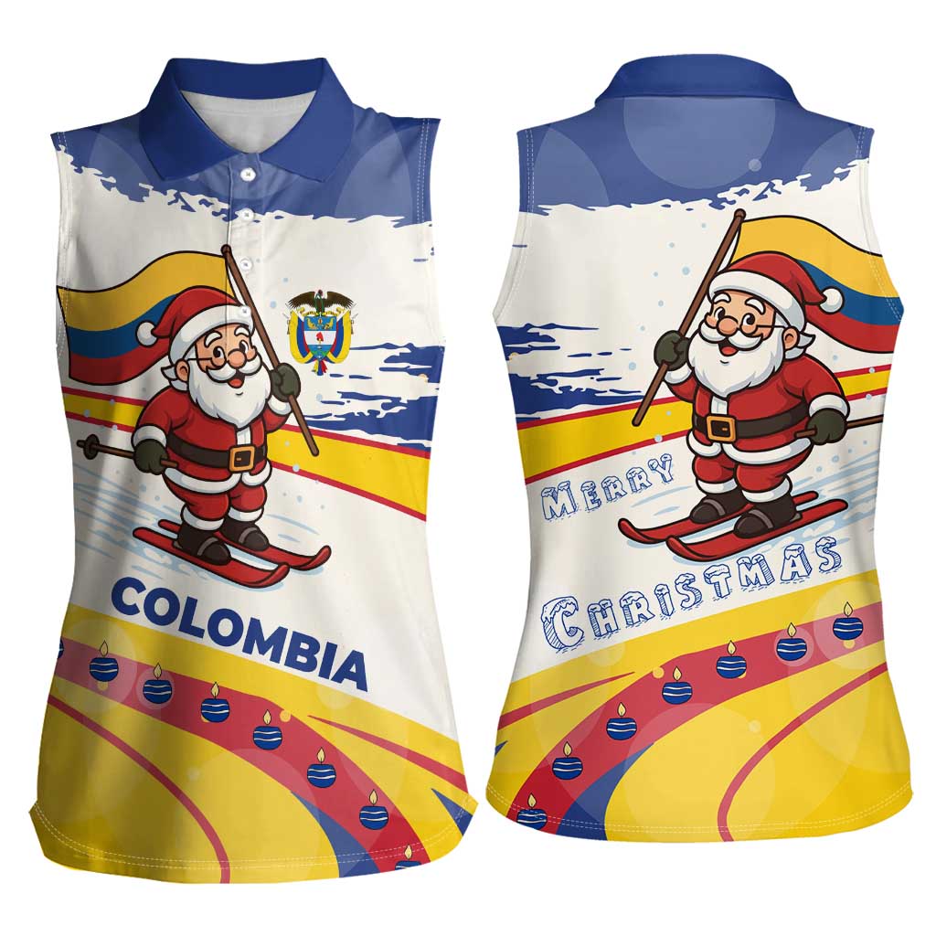 Colombia Christmas Women Sleeveless Polo Shirt with Santa Skiing Colombian Flag and Holiday Ornament - Wonder Print Shop