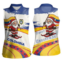 Colombia Christmas Women Sleeveless Polo Shirt with Santa Skiing Colombian Flag and Holiday Ornament - Wonder Print Shop