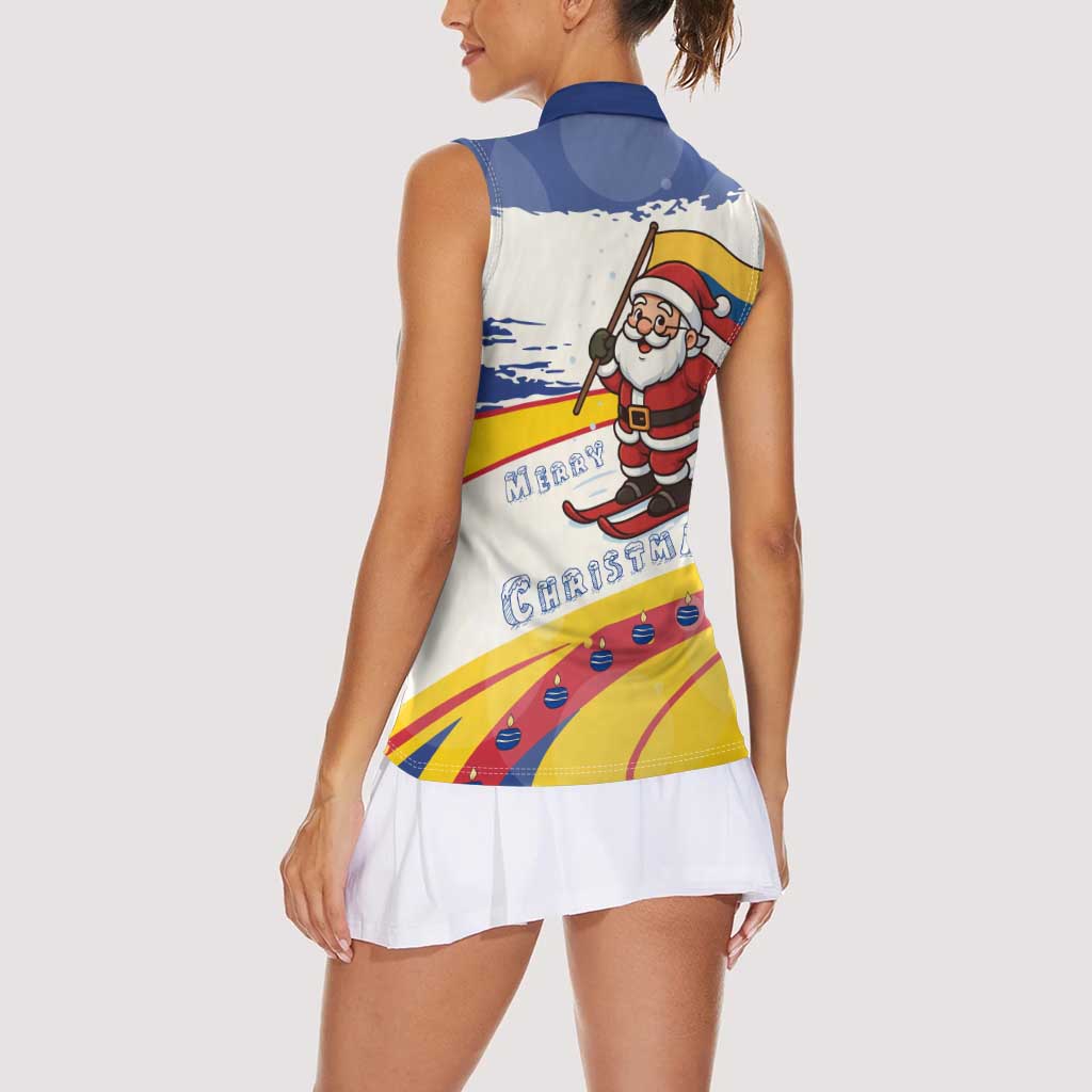 Colombia Christmas Women Sleeveless Polo Shirt with Santa Skiing Colombian Flag and Holiday Ornament - Wonder Print Shop