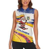 Colombia Christmas Women Sleeveless Polo Shirt with Santa Skiing Colombian Flag and Holiday Ornament - Wonder Print Shop