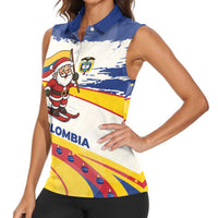 Colombia Christmas Women Sleeveless Polo Shirt with Santa Skiing Colombian Flag and Holiday Ornament - Wonder Print Shop
