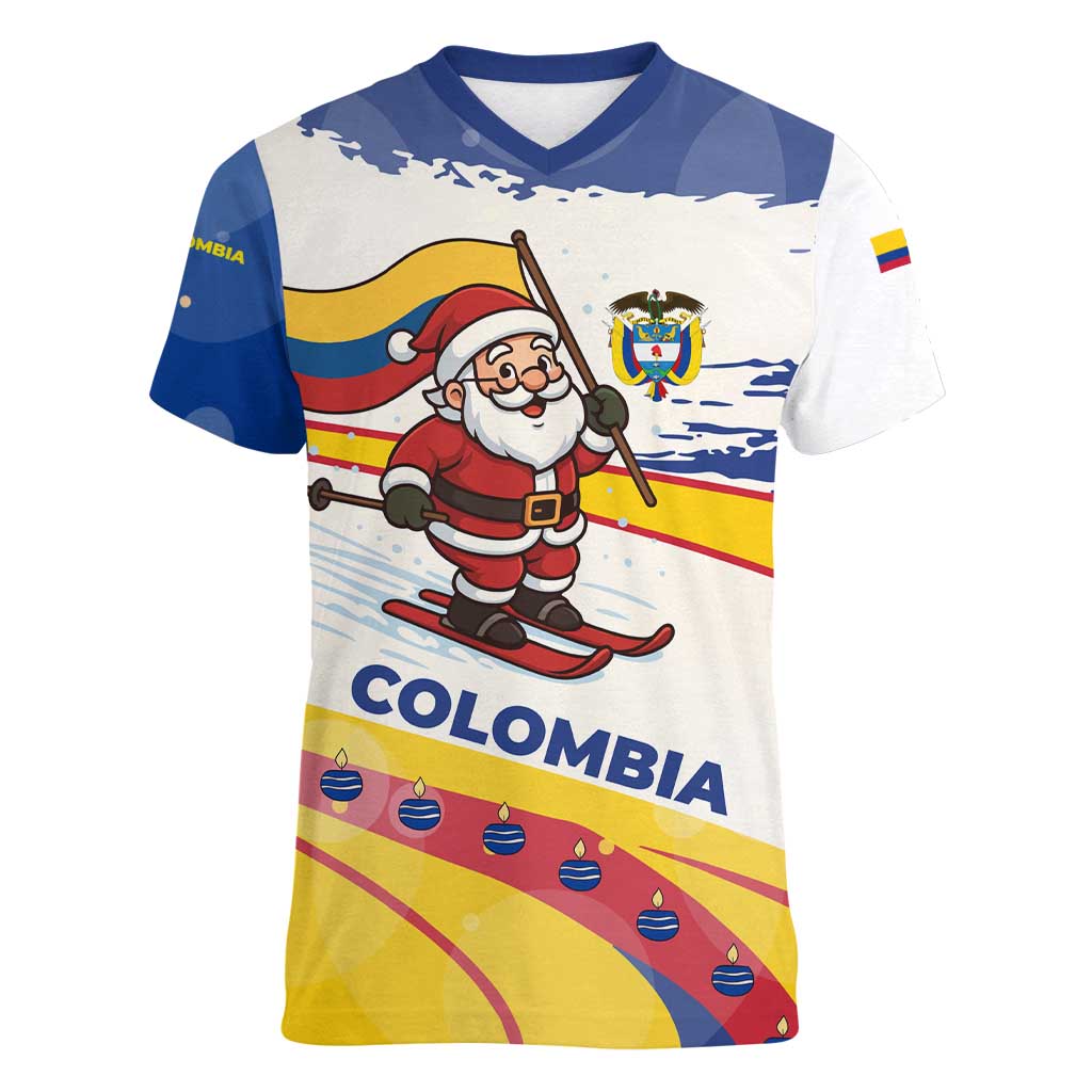 Colombia Christmas Women V-Neck T-Shirt with Santa Skiing Colombian Flag and Holiday Ornament - Wonder Print Shop