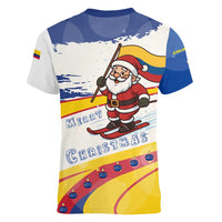 Colombia Christmas Women V-Neck T-Shirt with Santa Skiing Colombian Flag and Holiday Ornament - Wonder Print Shop