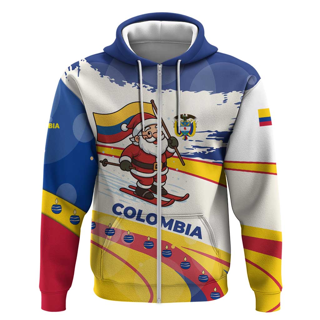 Colombia Christmas Zip Hoodie with Santa Skiing Colombian Flag and Holiday Ornament - Wonder Print Shop